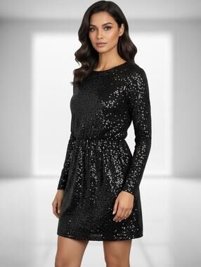 Crystal Sky Black Sequin Long Sleeve Dress XS